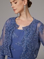 voordelige Met Jas-Twee Delige Sheath Jurk Strandbruiloft Moeder van de Bruid Jurk Elegante Sprankel  Glans Juweel Hals Enkele Lengte Kant Stretch Stof 3/4 Lengte Mouw met Kant