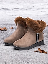 baratos Botas de neve e inverno-botins femininos de camurça bordô com punho de pele sintética e sola antiderrapante – calçados quentes de inverno para uso casual e ao ar livre
