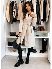 cheap Coats &amp; Trench Coats-Women&#039;s Coat Warm Comfortable Buttons With Belt Elegant Solid Color Casual Daily Double Breasted Lapel Regular Fit Long Sleeve Outerwear Black Red Apricot Winter