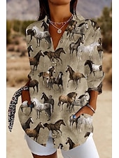 preiswerte Hemden-Damen Hemd Leinen-inspirierte Hemden Knopfleiste Grafik Tiermotiv Vintage Western Ethnisch Langarm Hemdkragen Normale Oberteile Urlaub Party Arbeit Knöpfe Druck Schwarz Gelb Marineblau Khaki Beige