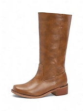 levne Cowboy &amp; Western Boots-dámské hnědé westernové kovbojské boty z umělé kůže - výška do půl lýtek s naskládaným podpatkem pro ležérní outfity a outfity ve venkovském stylu