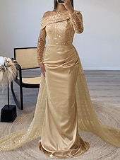 economico GIALLO-Abito da sera sagomato abito elegante formale strascico  spazzola maniche lunghe scollatura illusoria champagne madre della sposa abito in raso con perle sovraspettacolo