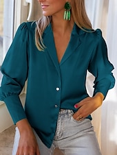 preiswerte Elegante Oberteile-Damen Hemd Bluse Feste Farbe Basic Brautkleider schlicht Langarm Hemdkragen Normale Oberteile Täglich Knopf Schwarz Blau Beige Herbst Winter