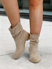 levne Slouch Boots-dámské béžové semišové kotníkové boty – ležérní a pohodlné boty západního stylu na nízkém podpatku