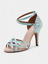 cheap Latin Shoes-Women&#039;s Gold Rhinestone-Embellished Latin Dance Shoes - Open-Toe Heels with Strappy Design for Ballroom, Salsa, and Special Occasions