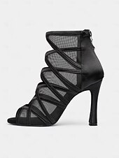 cheap Latin Shoes-Women&#039;s Black Mesh Strappy Latin Dance Shoes with Soft Suede Sole, Back Zipper and Open-Toe Design - Elegant High Heels for Salsa, Tango, and Ballroom