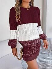 cheap Sweater Dress-Women&#039;s Sweater Sweater Dress Casual Soft Color Block Ribbed Crew Neck Knitted Long Sleeve Long Tops Knit Outdoor Daily Weekend Black Wine Fall Winter