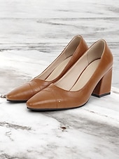 olcso Block Heels-női barna sarokpumpák – hegyes orrú retro formális cipő elegáns varrással irodai és parti viselethez