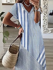 economico Abiti da vacanza-abito lungo a righe da donna con scollo a V e maniche corte, estivo