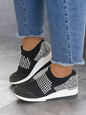 billige Sneakers til kvinner-rhinestone slip-on plattformsneakers for kvinner – stilige fritidssko med piggpynt og komfortabel kilehæl