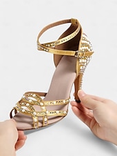 cheap Latin Shoes-Women&#039;s Gold Rhinestone-Embellished Latin Dance Shoes - Open-Toe Heels with Strappy Design for Ballroom, Salsa, and Special Occasions