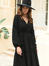 abordables robe longue noire-robe noire à volants en patchwork pour femme, robe longue, maxi, manches lanternes, élégante, décontractée, unie, col en V, manches longues, rendez-vous quotidien, été, printemps, noir