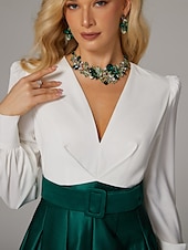 cheap GREEN-A-Line Evening Gown High Split Dress Formal Wedding Guest Floor Length Long Sleeve V Neck Fall Wedding Guest Satin with Pleats Slit
