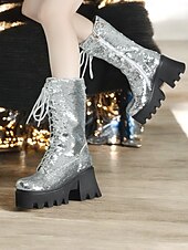 abordables Botas con plataforma-Botas de plataforma con cordones y lentejuelas para mujer: botas de tacón grueso brillantes en verde y azul para fiestas, festivales y cosplay