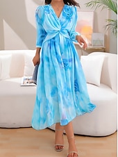 preiswerte Elegante Blumenkleider-Damen Maxidress Kleid drucken Graphic Modisch elegante kleider Party Täglich Verabredung Hohe Taillenlinie 3/4 Ärmel V Ausschnitt Kleid Regular Fit Rote Blau Frühling Herbst S M L