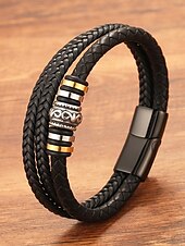 baratos Jóias Masculinas-pulseira masculina de couro trançado com detalhes em contas de metal – pulseira preta elegante de camada dupla com fecho magnético