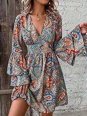 abordables Robes Bohémiennes-Femme Mini robe Robe casual Robe Évasée Robe Trapèze robe boheme Bohême Rétro Vintage Décontractées du quotidien Standard Floral Cachemire manche longue Col V Rouge Bleu Arc-en-ciel Eté Printemps