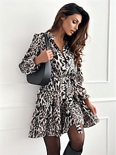 billige Arbeidskjoler-kvinners leopardknapper belte v-hals mini kjole elegant daglig lange ermet fall