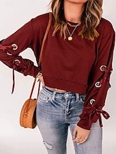 preiswerte Texturierte Kapuzenpullover &amp; Sweatshirts-Damen Pullover warm Mode einfarbig Rundhals Langarm Wein grau Herbst Winter
