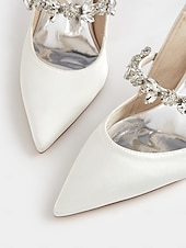 economico cocktail-scarpe col tacco da donna in raso bianco con cinturino posteriore e decorazioni in strass – eleganti scarpe a punta per matrimoni e occasioni formali