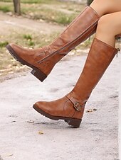 baratos Botas da moda-botas femininas marrons de cano alto com zíper lateral e fivela, salto baixo e design durável – perfeitas para uso casual e ao ar livre