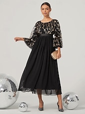 preiswerte SCHWARZ-A-Linien Abendkleid Elegantes Kleid Hochzeit Hochzeitsgast Knöchellang 3/4 lange Ärmel Juwelkragen Nylon mit Glitzer