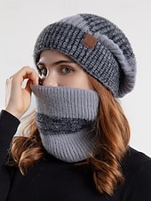 رخيصةأون قبعات نسائية-طقم قبعة ووشاح محبوك مريح وأنيق للنساء مع بطانة من الصوف وغطاء للأذن - دافئ ومريح لفصل الشتاء