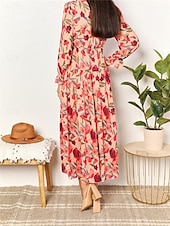 preiswerte Elegante Blumenkleider-Damen Maxikleid mit Blumenmuster und V-Ausschnitt, lange Ärmel, Frühling/Herbst