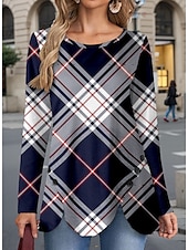 billige Stripe og geometrisk t-skjorte-Dame T skjorte Ruter Fritid Langermet Crew-hals Vanlige topper Daglig Knapper Trykt mønster Asymmetrisk Navyblå Vår &amp; Vinter