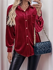 voordelige Elegante topjes-Dames Overhemd Blouse Effen Kleur Basic Casual Lange mouw V-hals Normale tops Dagelijks Lapwerk Knop Zak Wijn Bruin Groen Herfst Winter
