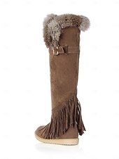 baratos Botas de neve e inverno-Botas de inverno femininas de camurça verde mocassim com forro de pele e detalhes de franjas – botas de neve confortáveis na altura do joelho para o tempo frio