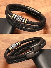 baratos Jóias Masculinas-pulseira masculina de couro trançado com detalhes em contas de metal – pulseira preta elegante de camada dupla com fecho magnético