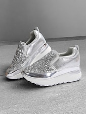 billige Sneakers til kvinner-svarte slip-on joggesko for kvinner med glitterpynt og plattformsåle – stilige fritidssko for hverdagsbruk
