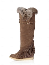 baratos Botas de neve e inverno-Botas de inverno femininas de camurça verde mocassim com forro de pele e detalhes de franjas – botas de neve confortáveis na altura do joelho para o tempo frio