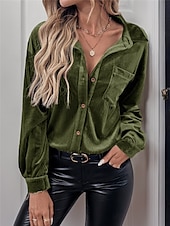 voordelige Elegante topjes-Dames Overhemd Blouse Effen Kleur Basic Casual Lange mouw V-hals Normale tops Dagelijks Lapwerk Knop Zak Wijn Bruin Groen Herfst Winter