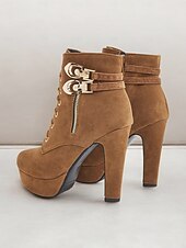 abordables Bottines-bottines en daim marron pour femmes - modèle à lacets avec boucle dorée et détails zippés, chaussures à talons hauts à plateforme pour des looks décontractés et de fête élégants