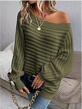 cheap Solid Colors-Women&#039;s Sweater Casual Soft Pure Color Ribbed Boat Neck Knitted Long Sleeve Regular Tops Knit Outdoor Daily Weekend Black White Fall Winter