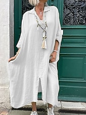 preiswerte Kleider-Damen Weiß Rosenrot Grau Frühling Herbst Maxikleid Leinen-inspirierte Kleider Elegant Mode Ferien Date Lässiger Schnitt Hemdkragen