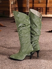 olcso Slouch Boots-női, ezüst színű, domború térdig érő csizma – stílusos hegyes orrú csizma tűsarkúval a divatos megjelenésért