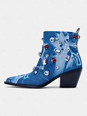 levne Cowboy &amp; Western Boots-dámské módní džínové kotníkové boty – kamínky zdobené blokovým podpatkem westernový styl na večírky a ležérní outfity