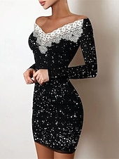 preiswerte Bodycon für den Klub-Damen schwarzes kleid Minikleid Spitze Patchwork Brautkleider schlicht Schulterfrei Langarm Schwarz Aprikose Farbe