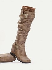 cheap Slouch Boots-Women&#039;s Distressed Tan Slouchy Knee-High Boots with Buckle Straps and Wedge Heel – Cozy Winter Boots with Knit Cuff for Casual Outfits