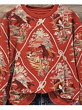cheap Hoodies &amp; Sweatshirts-Women&#039;s Sweatshirt Vintage Western Print Graphic Plaid Tribal Home Work Casual Round Neck Patchwork Print Long Sleeve Red Fall &amp; Winter