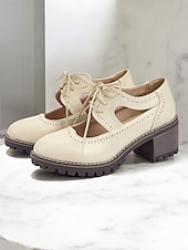 tanie Oksfordki damskie-kremowe, sznurowane, damskie buty typu oxford z wycięciami i grubą podeszwą – obuwie casualowe vintage do noszenia na co dzień