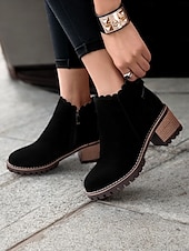 preiswerte Stiefeletten-braune Wildlederstiefeletten für Damen mit gewelltem Rand und Blockabsatz – lässiger Vintage-Stil für jeden Tag