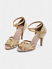 cheap Latin Shoes-Women&#039;s Gold Rhinestone-Embellished Latin Dance Shoes - Open-Toe Heels with Strappy Design for Ballroom, Salsa, and Special Occasions