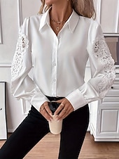 economico Top eleganti-Per donna Camicia Blusa Tinta unica Essenziale Informale Manica lunga A V Top regolari Giornaliero Pizzo Collage Bottoni Bianco Autunno Inverno