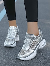 tanie Trampki damskie-Damskie trampki na platformie z brokatem i podeszwą Air Cushion – błyszczące czarne sznurowane buty sportowe na co dzień i na imprezę