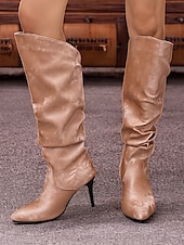 olcso Slouch Boots-női, ezüst színű, domború térdig érő csizma – stílusos hegyes orrú csizma tűsarkúval a divatos megjelenésért