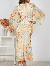 preiswerte Elegante Blumenkleider-Damen Maxidress Casual kleid Bodycon Brautkleider schlicht Täglich Regular Fit Blumen Langarm V Ausschnitt Gelb Sommer Frühling Herbst